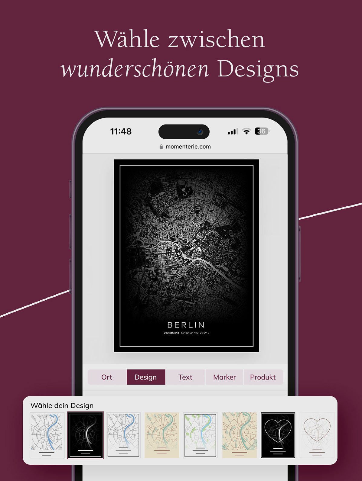 Verschiedene Designstile für personalisierte Stadtkarte – wähle aus mehreren Kartendesigns dein Lieblingslayout und gestalte dein individuelles Stadtposter