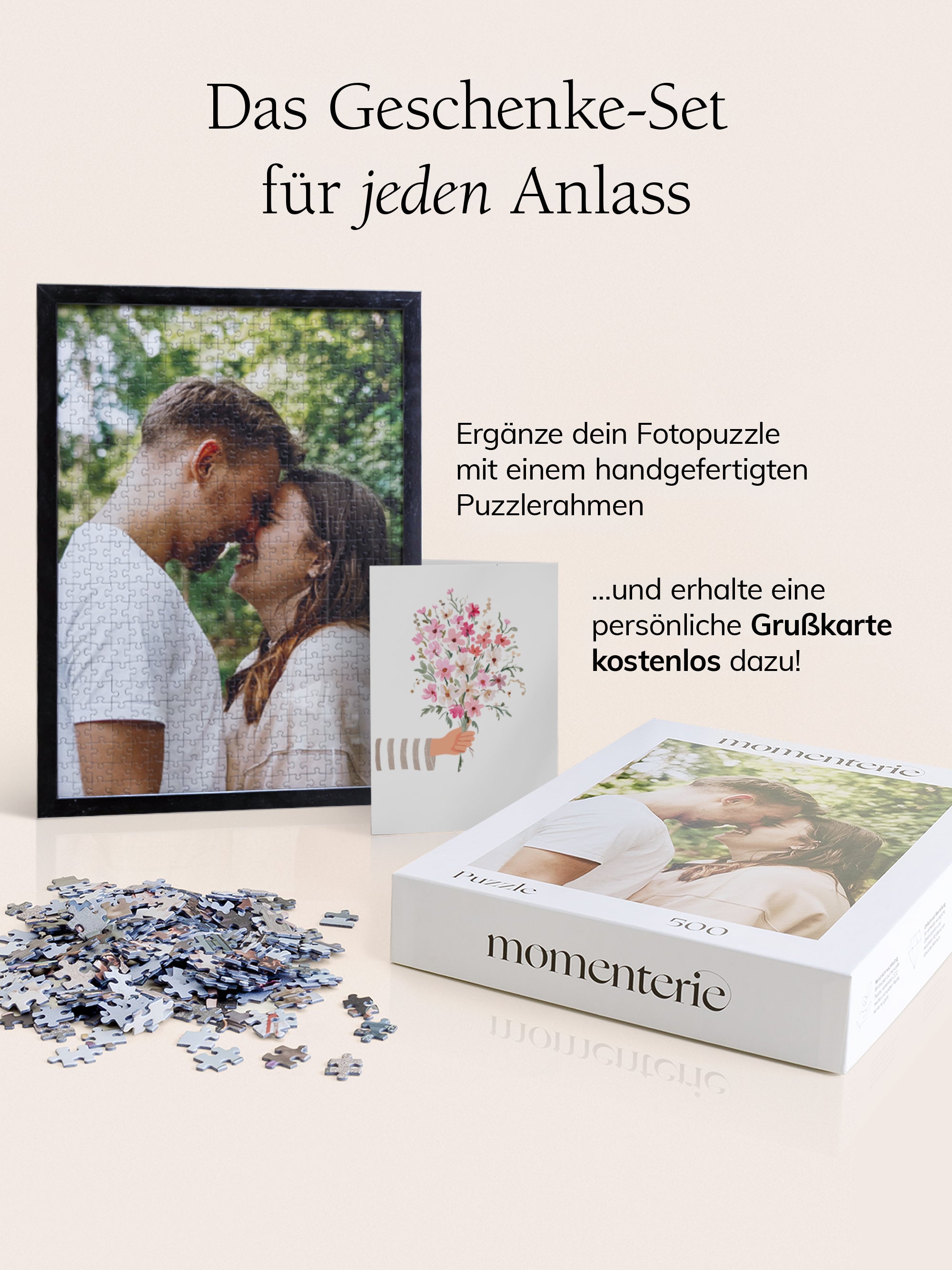 Personalisiertes Fotopuzzle mit Rahmen und Grußkarte – individuelles Puzzle mit eigenem Foto, elegantem Rahmen und passender Karte als kreatives Geschenkset für besondere Anlässe