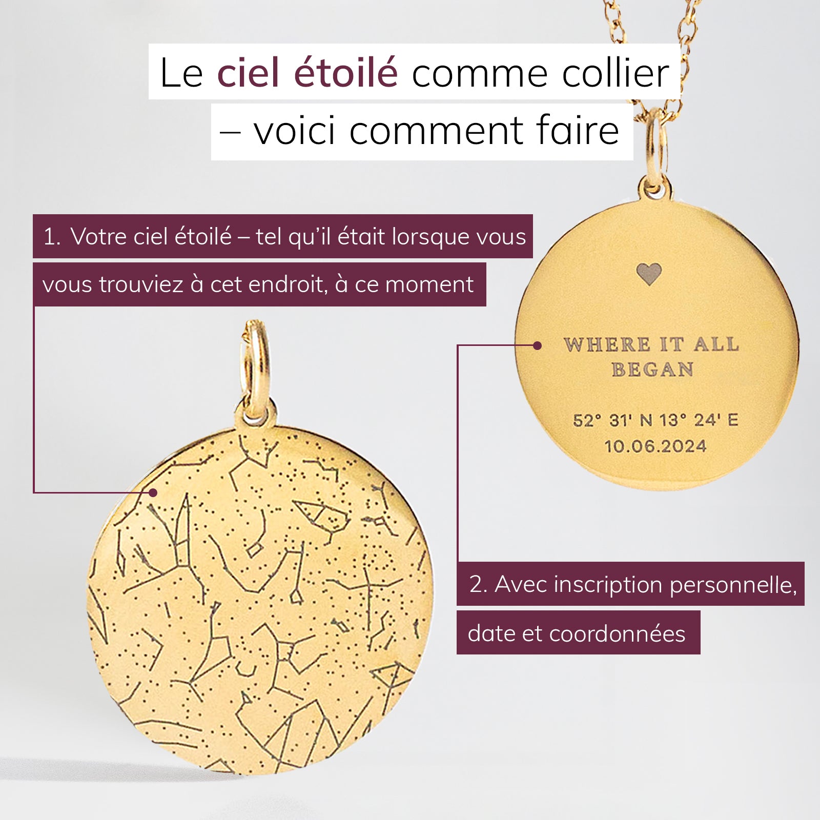 Carte du ciel personnalisée avec collier – affiche constellation étoiles avec bijou – cadeau romantique personnalisé