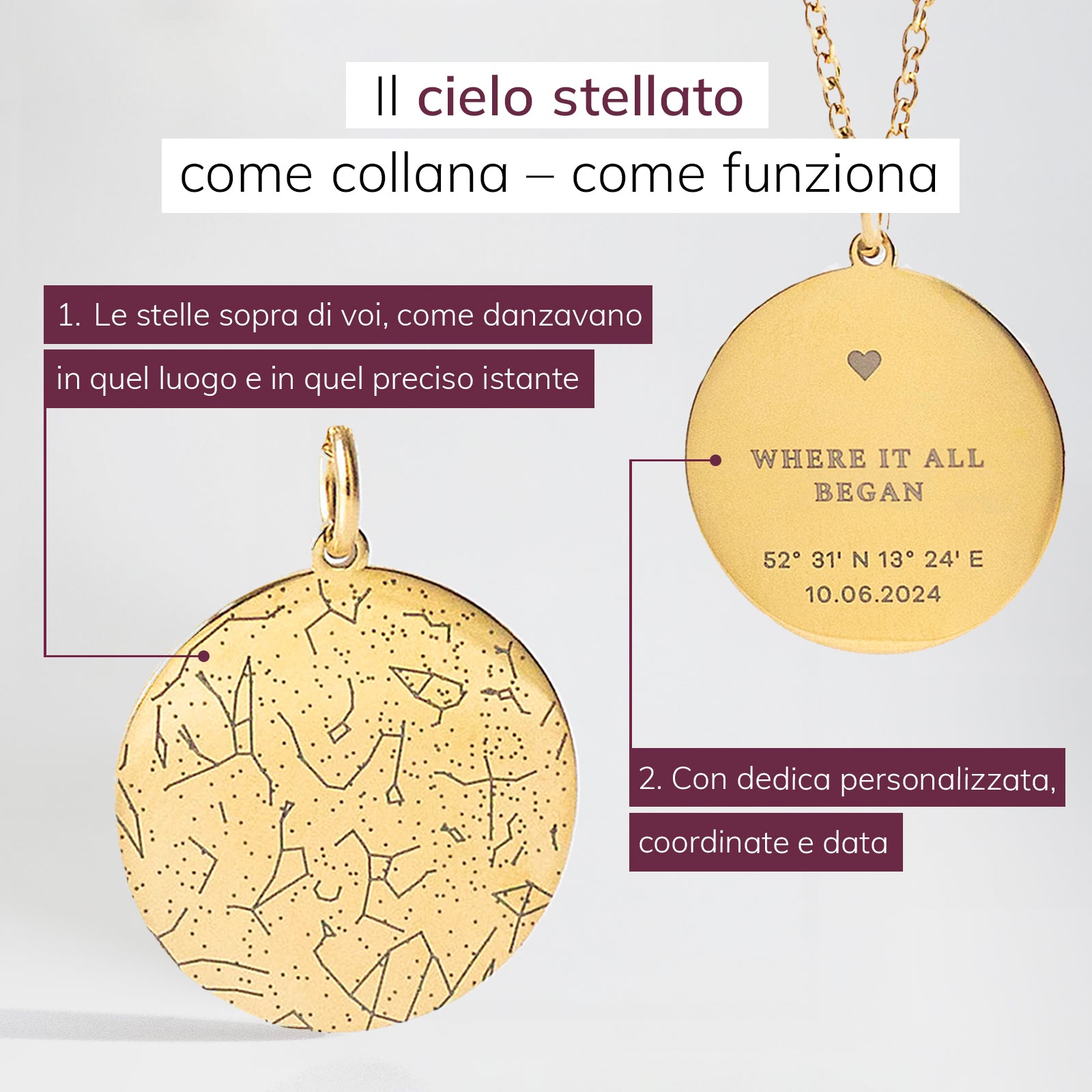 Mappa stellare personalizzata con collana – poster costellazione stelle con gioiello – regalo romantico personalizzato