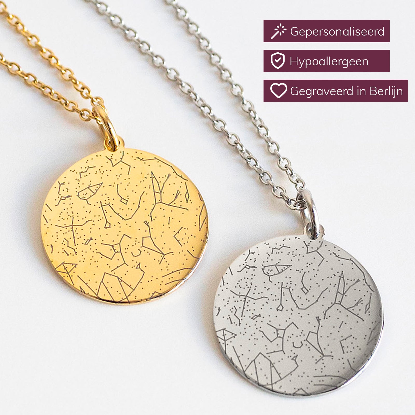 Gepersonaliseerde sterrenkaart met sieraad – poster sterrenconstellatie met ketting – uniek persoonlijk cadeau