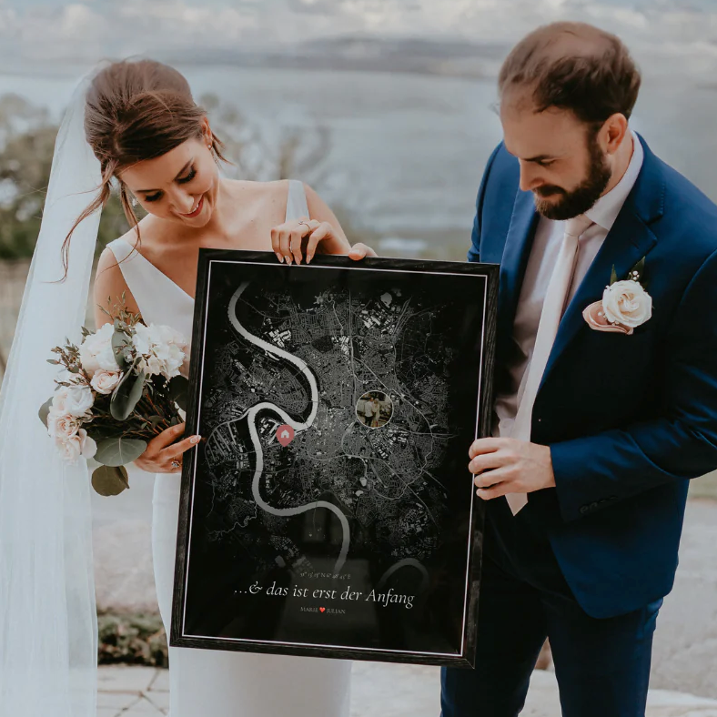 Personalisierte Stadtkarte zur Hochzeit – individuelles City Map Poster mit blauem Himmel als besonderes Geschenk zur Erinnerung an den Hochzeitstag